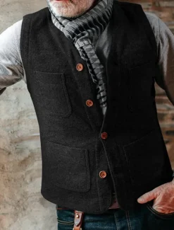 Hot OUKU Men's Vest Gilet Daily Date Vacation Fashion Business Spring & Fall Button Pocket Polyester Comfortable Plaid Single Breasted One-button V Neck Regular Fit Black Gray Vest