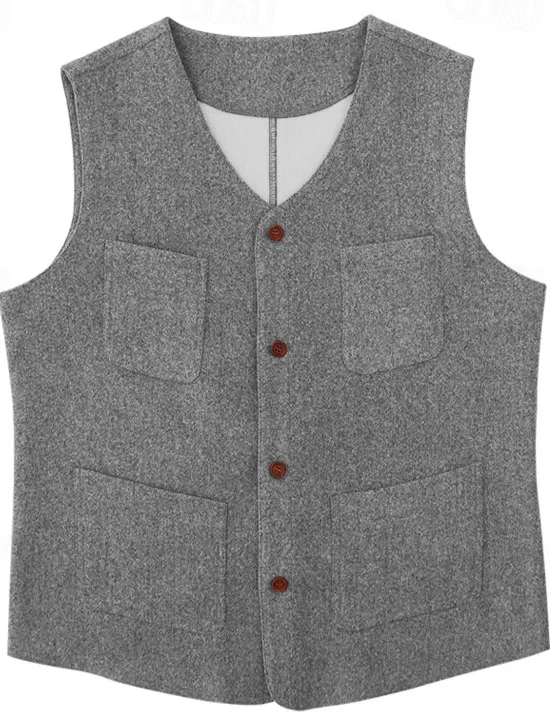 Hot OUKU Men's Vest Gilet Daily Date Vacation Fashion Business Spring & Fall Button Pocket Polyester Comfortable Plaid Single Breasted One-button V Neck Regular Fit Black Gray Vest