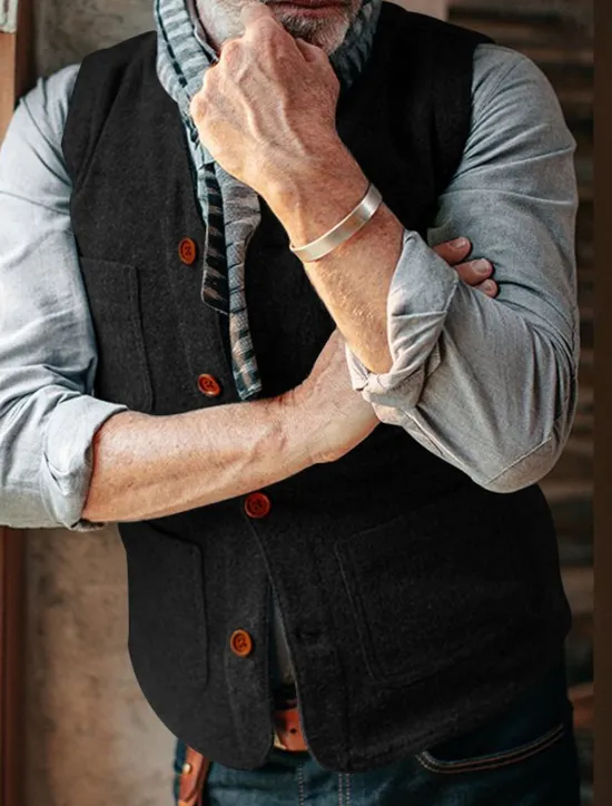 Hot OUKU Men's Vest Gilet Daily Date Vacation Fashion Business Spring & Fall Button Pocket Polyester Comfortable Plaid Single Breasted One-button V Neck Regular Fit Black Gray Vest