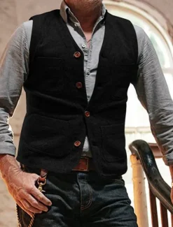 Hot OUKU Men's Vest Gilet Daily Date Vacation Fashion Business Spring & Fall Button Pocket Polyester Comfortable Plaid Single Breasted One-button V Neck Regular Fit Black Gray Vest