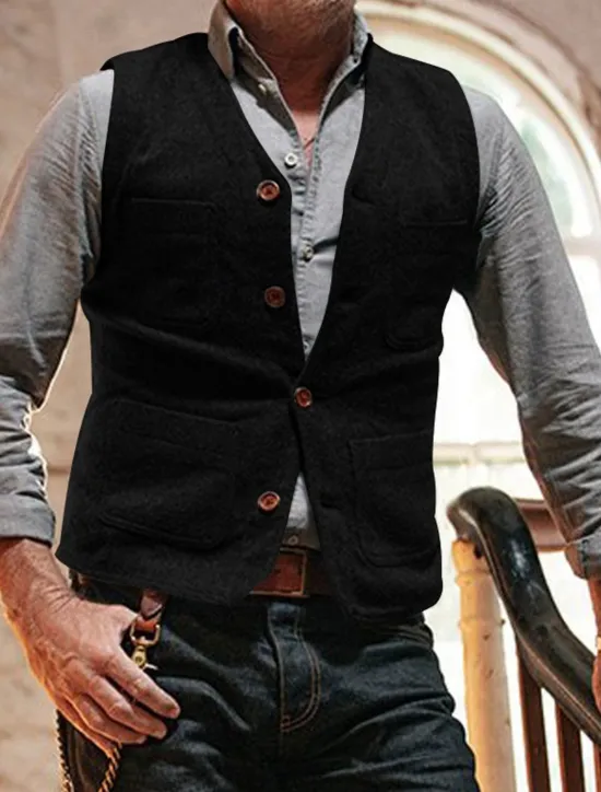 Hot OUKU Men's Vest Gilet Daily Date Vacation Fashion Business Spring & Fall Button Pocket Polyester Comfortable Plaid Single Breasted One-button V Neck Regular Fit Black Gray Vest