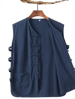 Sale OUKU Men's Vest Gilet Daily Vacation Beach Vintage Fashion Spring & Summer Button Pocket 85% Cotton Breathable Comfortable Plain Single Breasted One-button V Neck Regular Fit Black White Burgundy Navy Blue