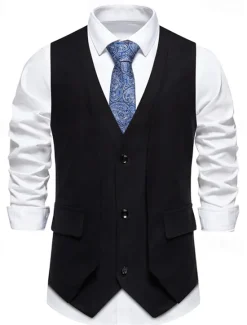 Hot OUKU Men's Vest Gilet Daily Wear Vacation Going out Vintage Fashion Spring & Fall Button Polyester Comfortable Plain Single Breasted V Neck Regular Fit Black Khaki Coffee Vest