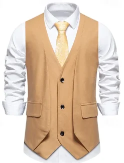 Hot OUKU Men's Vest Gilet Daily Wear Vacation Going out Vintage Fashion Spring & Fall Button Polyester Comfortable Plain Single Breasted V Neck Regular Fit Black Khaki Coffee Vest