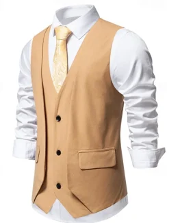 Hot OUKU Men's Vest Gilet Daily Wear Vacation Going out Vintage Fashion Spring & Fall Button Polyester Comfortable Plain Single Breasted V Neck Regular Fit Black Khaki Coffee Vest