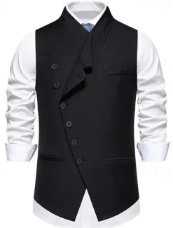 Sale OUKU Men's Vest Gilet Daily Wear Vacation Going out Vintage Fashion Spring & Fall Button Polyester Comfortable Plain Single Breasted V Neck Regular Fit Black Gray Vest