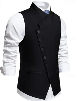 Sale OUKU Men's Vest Gilet Daily Wear Vacation Going out Vintage Fashion Spring & Fall Button Polyester Comfortable Plain Single Breasted V Neck Regular Fit Black Gray Vest