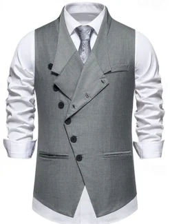 Sale OUKU Men's Vest Gilet Daily Wear Vacation Going out Vintage Fashion Spring & Fall Button Polyester Comfortable Plain Single Breasted V Neck Regular Fit Black Gray Vest