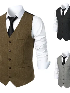 Sale OUKU Men's Vest Gilet Daily Wear Vacation Going out Vintage Fashion Spring & Fall Button Polyester Comfortable Plain Single Breasted V Neck Regular Fit Dark Gray Light Grey Coffee Vest