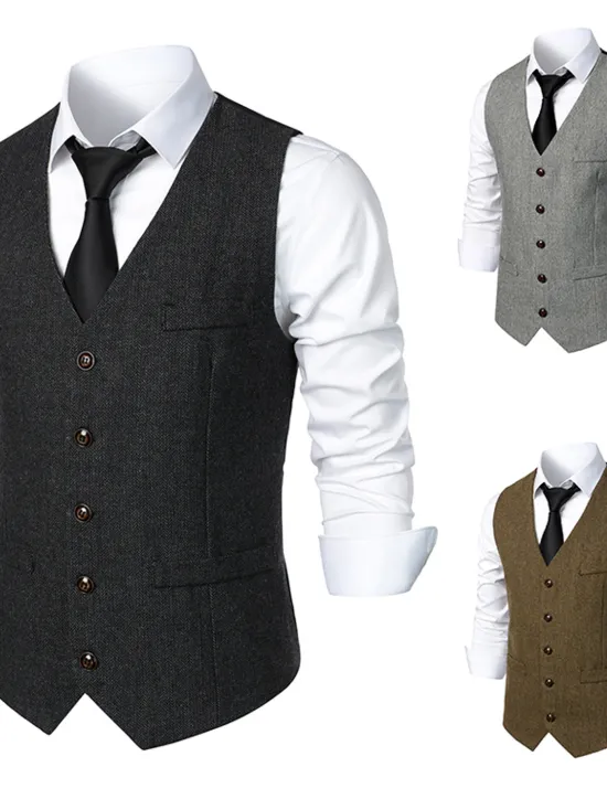 Sale OUKU Men's Vest Gilet Daily Wear Vacation Going out Vintage Fashion Spring & Fall Button Polyester Comfortable Plain Single Breasted V Neck Regular Fit Dark Gray Light Grey Coffee Vest