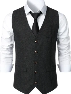 Sale OUKU Men's Vest Gilet Daily Wear Vacation Going out Vintage Fashion Spring & Fall Button Polyester Comfortable Plain Single Breasted V Neck Regular Fit Dark Gray Light Grey Coffee Vest