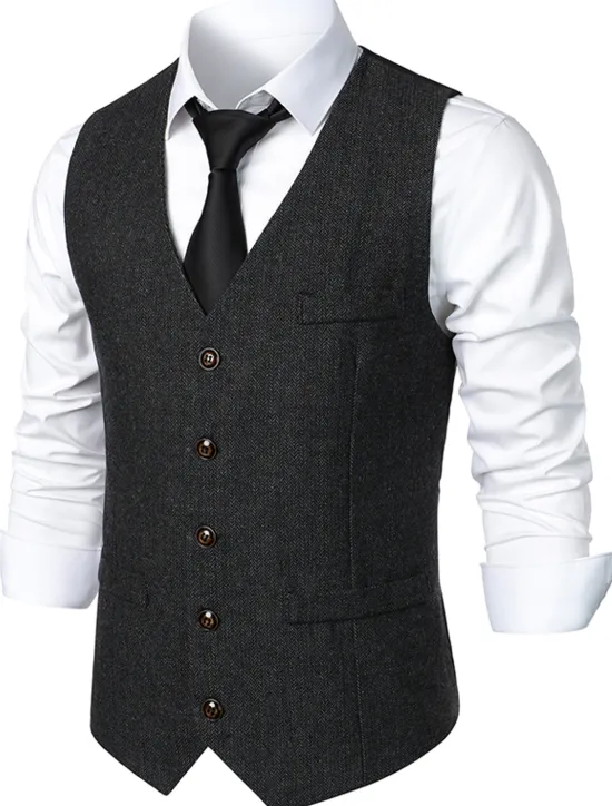Sale OUKU Men's Vest Gilet Daily Wear Vacation Going out Vintage Fashion Spring & Fall Button Polyester Comfortable Plain Single Breasted V Neck Regular Fit Dark Gray Light Grey Coffee Vest
