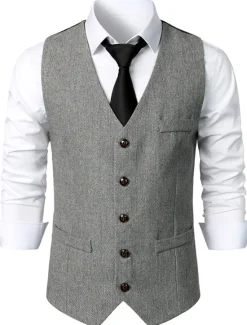 Sale OUKU Men's Vest Gilet Daily Wear Vacation Going out Vintage Fashion Spring & Fall Button Polyester Comfortable Plain Single Breasted V Neck Regular Fit Dark Gray Light Grey Coffee Vest