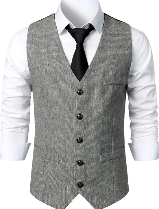 Sale OUKU Men's Vest Gilet Daily Wear Vacation Going out Vintage Fashion Spring & Fall Button Polyester Comfortable Plain Single Breasted V Neck Regular Fit Dark Gray Light Grey Coffee Vest