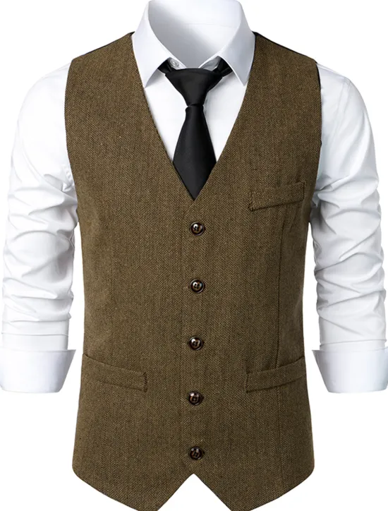 Sale OUKU Men's Vest Gilet Daily Wear Vacation Going out Vintage Fashion Spring & Fall Button Polyester Comfortable Plain Single Breasted V Neck Regular Fit Dark Gray Light Grey Coffee Vest