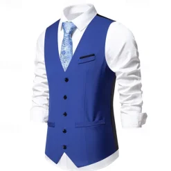 Discount OUKU Men's Vest Gilet Daily Wear Vacation Going out Vintage Fashion Spring & Fall Button Polyester Comfortable Plain Single Breasted V Neck Regular Fit Black Burgundy Dark Navy Sky Blue Vest