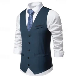 Discount OUKU Men's Vest Gilet Daily Wear Vacation Going out Vintage Fashion Spring & Fall Button Polyester Comfortable Plain Single Breasted V Neck Regular Fit Black Burgundy Dark Navy Sky Blue Vest