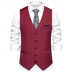 Discount OUKU Men's Vest Gilet Daily Wear Vacation Going out Vintage Fashion Spring & Fall Button Polyester Comfortable Plain Single Breasted V Neck Regular Fit Black Burgundy Dark Navy Sky Blue Vest