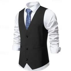 Clearance OUKU Men's Vest Gilet Daily Wear Vacation Going out Vintage Fashion Spring & Fall Button Polyester Comfortable Plain Single Breasted V Neck Regular Fit Black Burgundy Dark Navy Vest