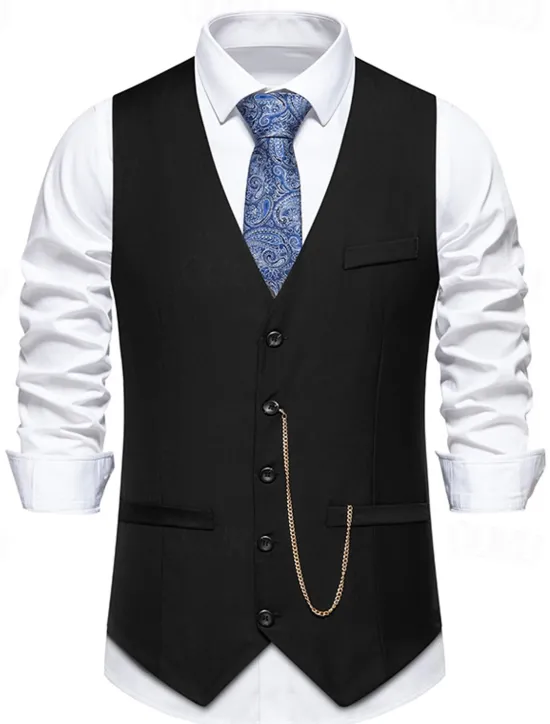 OUKU Men's Vest Gilet Daily Wear Vacation Going out Vintage Fashion Spring & Fall Button Polyester Comfortable Plain Single Breasted V Neck Regular Fit Black Burgundy Dark Navy Gray Vest