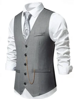 OUKU Men's Vest Gilet Daily Wear Vacation Going out Vintage Fashion Spring & Fall Button Polyester Comfortable Plain Single Breasted V Neck Regular Fit Black Burgundy Dark Navy Gray Vest
