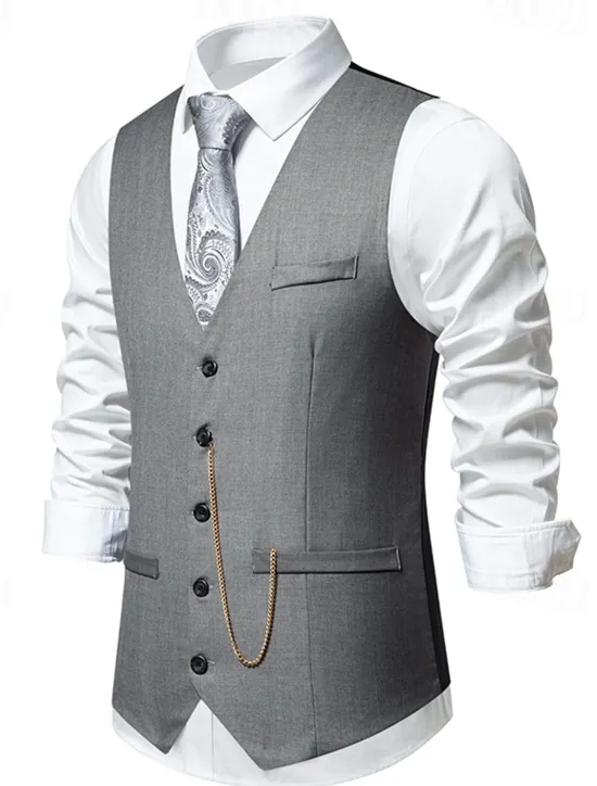 OUKU Men's Vest Gilet Daily Wear Vacation Going out Vintage Fashion Spring & Fall Button Polyester Comfortable Plain Single Breasted V Neck Regular Fit Black Burgundy Dark Navy Gray Vest