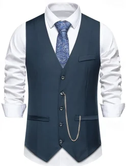 OUKU Men's Vest Gilet Daily Wear Vacation Going out Vintage Fashion Spring & Fall Button Polyester Comfortable Plain Single Breasted V Neck Regular Fit Black Burgundy Dark Navy Gray Vest