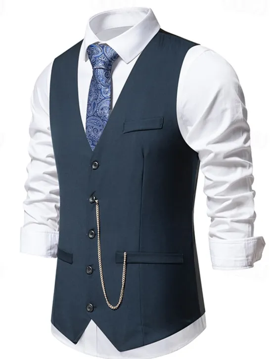OUKU Men's Vest Gilet Daily Wear Vacation Going out Vintage Fashion Spring & Fall Button Polyester Comfortable Plain Single Breasted V Neck Regular Fit Black Burgundy Dark Navy Gray Vest