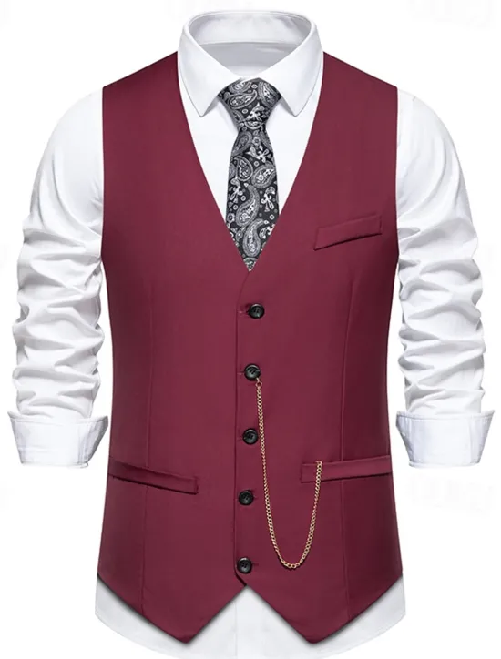 OUKU Men's Vest Gilet Daily Wear Vacation Going out Vintage Fashion Spring & Fall Button Polyester Comfortable Plain Single Breasted V Neck Regular Fit Black Burgundy Dark Navy Gray Vest