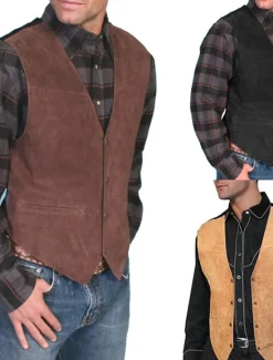 Best OUKU Men's Vest Gilet Daily Wear Vacation Going out Vintage Fashion Spring & Fall Button Front Pocket Polyester Comfortable Plain Single Breasted V Neck Regular Fit Black Light Brown Brown Vest