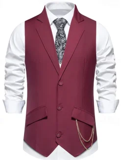 New OUKU Men's Vest Gilet Daily Wear Vacation Going out Vintage Fashion Spring & Fall Button Polyester Comfortable Plain Single Breasted Lapel Regular Fit Black Burgundy Dark Navy Vest