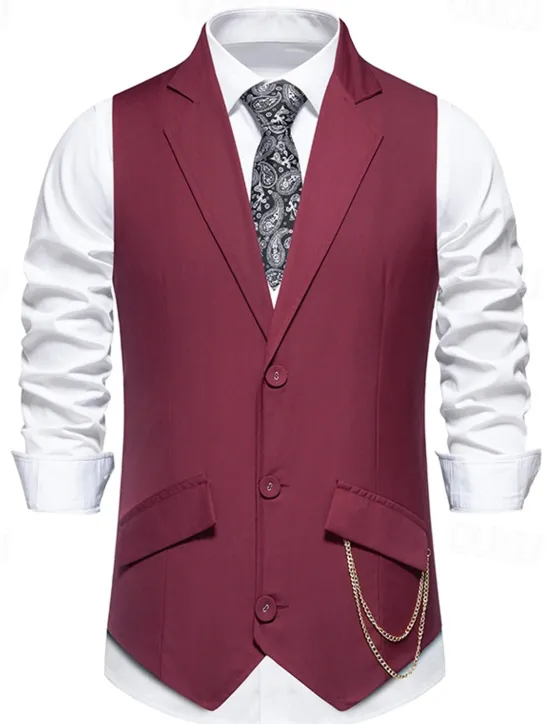 New OUKU Men's Vest Gilet Daily Wear Vacation Going out Vintage Fashion Spring & Fall Button Polyester Comfortable Plain Single Breasted Lapel Regular Fit Black Burgundy Dark Navy Vest