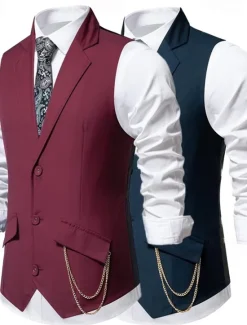 New OUKU Men's Vest Gilet Daily Wear Vacation Going out Vintage Fashion Spring & Fall Button Polyester Comfortable Plain Single Breasted Lapel Regular Fit Black Burgundy Dark Navy Vest
