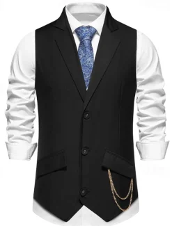 New OUKU Men's Vest Gilet Daily Wear Vacation Going out Vintage Fashion Spring & Fall Button Polyester Comfortable Plain Single Breasted Lapel Regular Fit Black Burgundy Dark Navy Vest