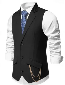 New OUKU Men's Vest Gilet Daily Wear Vacation Going out Vintage Fashion Spring & Fall Button Polyester Comfortable Plain Single Breasted Lapel Regular Fit Black Burgundy Dark Navy Vest