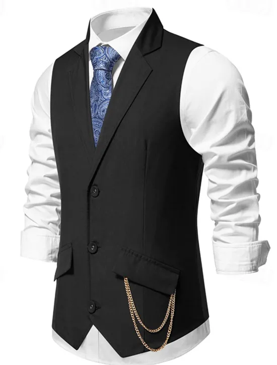New OUKU Men's Vest Gilet Daily Wear Vacation Going out Vintage Fashion Spring & Fall Button Polyester Comfortable Plain Single Breasted Lapel Regular Fit Black Burgundy Dark Navy Vest