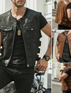 Clearance OUKU Men's Vest Gilet Daily Wear Vacation Going out Fashion Basic Spring & Fall Front Pocket Polyester PU Leather Comfortable Plain Zipper Cardigan Crew Neck Regular Fit Black Brown Vest