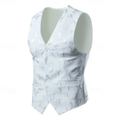 Sale OUKU Men's Vest Gilet Daily Wear Going out Festival Business Basic Spring & Fall Pocket Linen Breathable Soft Comfortable Printed Single Breasted V Neck Regular Fit White / White Black Vest