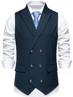 Outlet OUKU Men's Vest Gilet Daily Wear Vacation Going out Vintage Fashion Spring & Fall Button Polyester Comfortable Plain Double Breasted Lapel Regular Fit Black Burgundy Dark Navy Vest