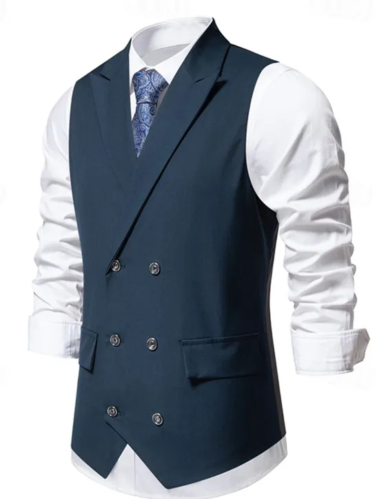 Outlet OUKU Men's Vest Gilet Daily Wear Vacation Going out Vintage Fashion Spring & Fall Button Polyester Comfortable Plain Double Breasted Lapel Regular Fit Black Burgundy Dark Navy Vest