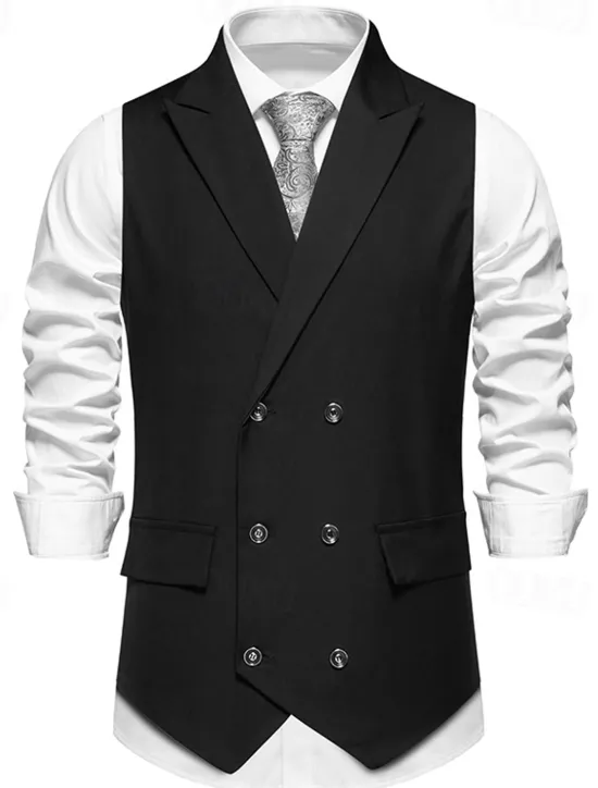 Outlet OUKU Men's Vest Gilet Daily Wear Vacation Going out Vintage Fashion Spring & Fall Button Polyester Comfortable Plain Double Breasted Lapel Regular Fit Black Burgundy Dark Navy Vest
