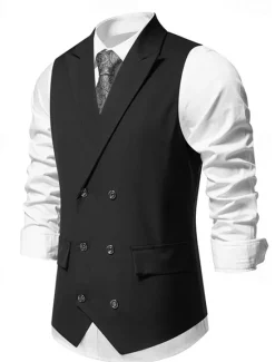 Outlet OUKU Men's Vest Gilet Daily Wear Vacation Going out Vintage Fashion Spring & Fall Button Polyester Comfortable Plain Double Breasted Lapel Regular Fit Black Burgundy Dark Navy Vest
