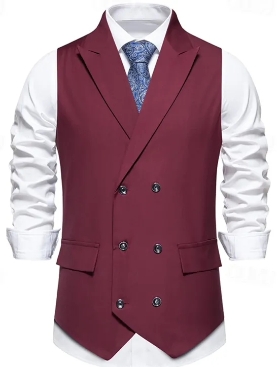 Outlet OUKU Men's Vest Gilet Daily Wear Vacation Going out Vintage Fashion Spring & Fall Button Polyester Comfortable Plain Double Breasted Lapel Regular Fit Black Burgundy Dark Navy Vest