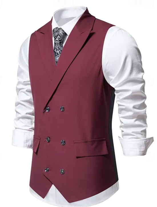 Outlet OUKU Men's Vest Gilet Daily Wear Vacation Going out Vintage Fashion Spring & Fall Button Polyester Comfortable Plain Double Breasted Lapel Regular Fit Black Burgundy Dark Navy Vest