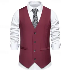 Clearance OUKU Men's Vest Gilet Daily Wear Vacation Going out Vintage Fashion Spring & Fall Button Polyester Comfortable Plain Single Breasted V Neck Regular Fit Black Burgundy Khaki Vest
