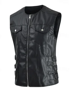 Hot OUKU Men's Vest Gilet Faux Leather Vest Outdoor Daily Fashion Casual Spring Fall Zip Up Pocket PU Leather Comfortable Plain Zipper Crew Neck Regular Fit Black Brown Vest