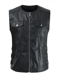 Hot OUKU Men's Vest Gilet Faux Leather Vest Outdoor Daily Fashion Casual Spring Fall Zip Up Pocket PU Leather Comfortable Plain Zipper Crew Neck Regular Fit Black Brown Vest