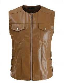 Hot OUKU Men's Vest Gilet Faux Leather Vest Outdoor Daily Fashion Casual Spring Fall Zip Up Pocket PU Leather Comfortable Plain Zipper Crew Neck Regular Fit Black Brown Vest