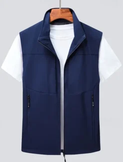 Discount OUKU Men's Vest Gilet Fishing Vest Hiking Vest Daily Date Vacation Fashion Casual Spring & Summer Pocket Polyester Comfortable Plain Zipper Stand Collar Regular Fit Black Khaki Army Green Dark Blue Vest