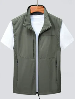 Discount OUKU Men's Vest Gilet Fishing Vest Hiking Vest Daily Date Vacation Fashion Casual Spring & Summer Pocket Polyester Comfortable Plain Zipper Stand Collar Regular Fit Black Khaki Army Green Dark Blue Vest